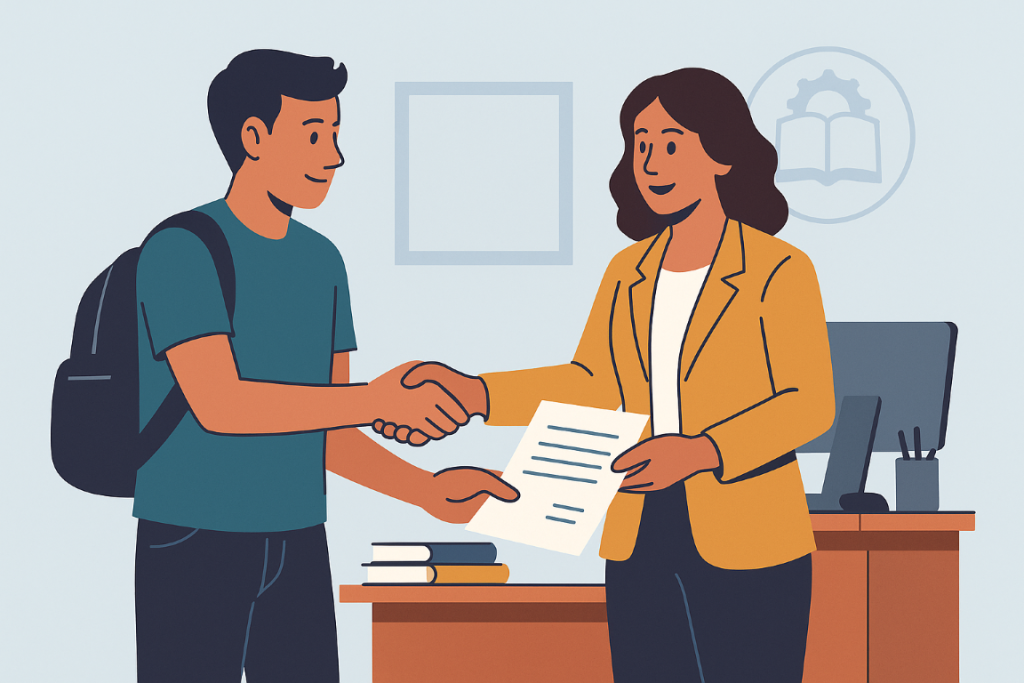 Student and Administrator Exchanging Paperwork